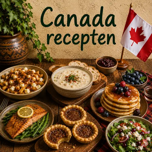 Canadese gerechten met poutine, zalm, pancakes met ahornsiroop en bessen, butter tarts, soep en salade op een rustieke houten tafel
