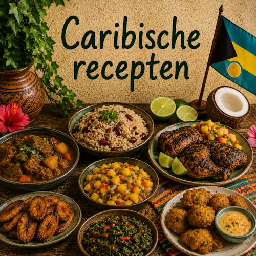 Caribische gerechten met rijst en bonen, gekruide kip, stoofgerecht, bakbanaan, mango, bladgroenten, kokos en hartige hapjes op een rustieke houten tafel