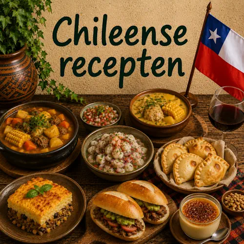 Chileense gerechten met empanadas, ceviche, cazuela, pastel de choclo, broodjes, stoofgerechten en traditionele Chileense smaken op een rustieke houten tafel