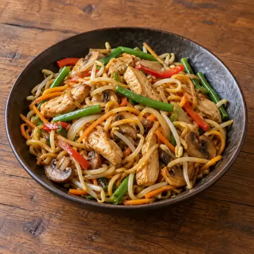 Chinese kipnoedels met kipfilet, bamboescheuten, bleekselderij, wortel en champignons