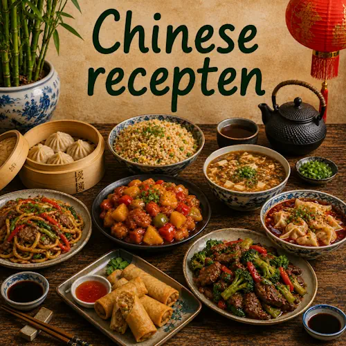 Chinese gerechten met dumplings, gebakken rijst, noedels, zoetzure kip, rundvlees met broccoli, loempia's en pittige wontons op een rustieke houten tafel