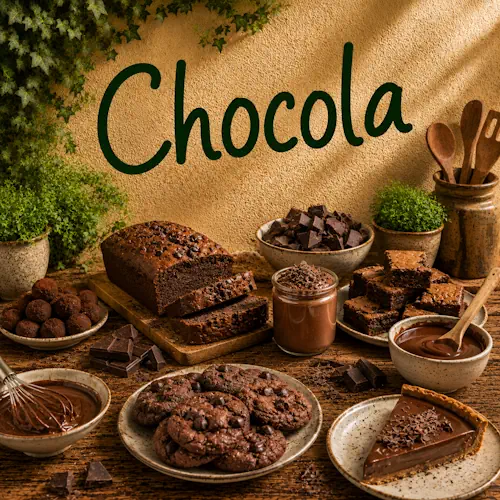 Chocoladegerechten met brownies, chocoladecake, koekjes, chocoladetaart, mousse en truffels op een rustieke houten tafel