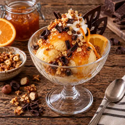 Chocolade-ijsdessert met yoghurt, citrusmarmelade, hazelnootkrokant en chocoladegarnering