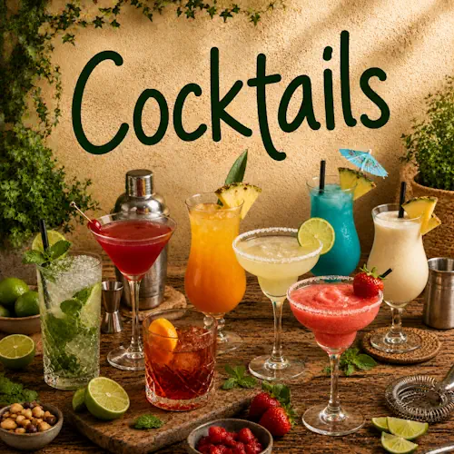 Verschillende kleurrijke cocktails met limoen, munt, aardbeien, ananas en andere verse ingrediënten op een rustieke houten tafel