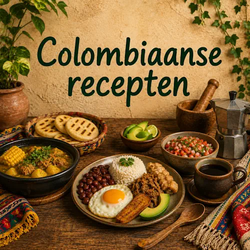 Colombiaanse gerechten met arepas, rijst, bonen, bakbanaan, avocado, ei, vlees, maïssoep, salsa en Colombiaanse koffie op een rustieke houten tafel
