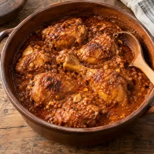 Congolese Kip Moambe met geroosterde kip in een volle saus van tomaat en gemalen pinda's