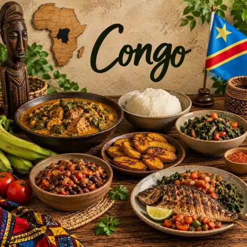 Congolese recepten met gegrilde vis, rijst, bakbananen, bonen, bladgroenten en kruidige stoofgerechten op een rustieke houten tafel