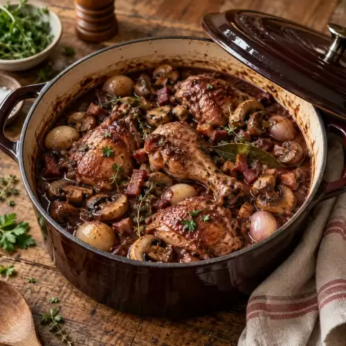 Franse Coq au Vin met kip, rode wijnsaus, champignons, sjalotten en spek