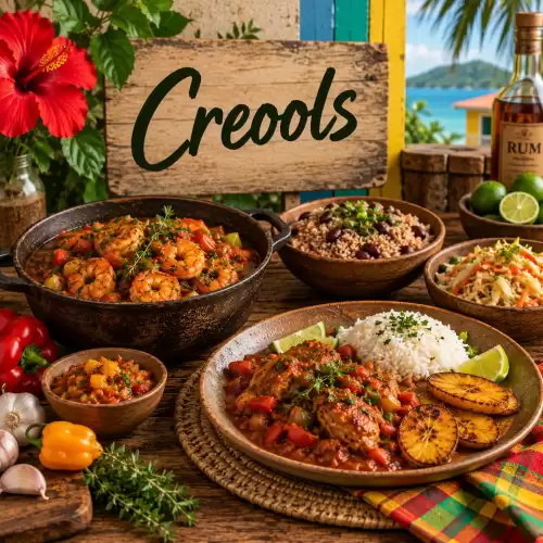 Creoolse recepten met rijst, bonen, garnalen, vis, vlees, bakbananen, groenten en kruidige stoofgerechten op een rustieke houten tafel