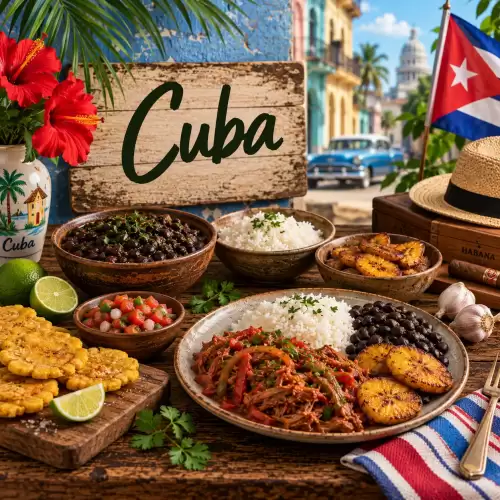 Cubaanse recepten met ropa vieja, rijst, zwarte bonen, bakbananen, groenten en frisse limoen op een rustieke houten tafel