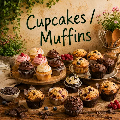 Verschillende cupcakes en muffins met chocolade, vanille, fruit, botercrème en bessen op een rustieke houten tafel