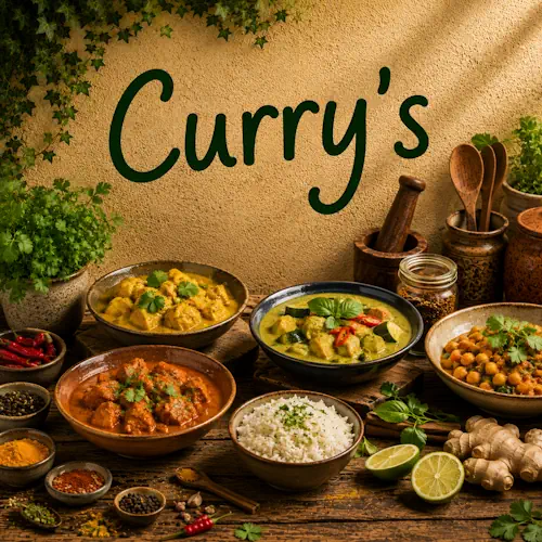 Verschillende curry's met kip, groenten en kikkererwten, geserveerd met rijst, kruiden en specerijen op een rustieke houten tafel