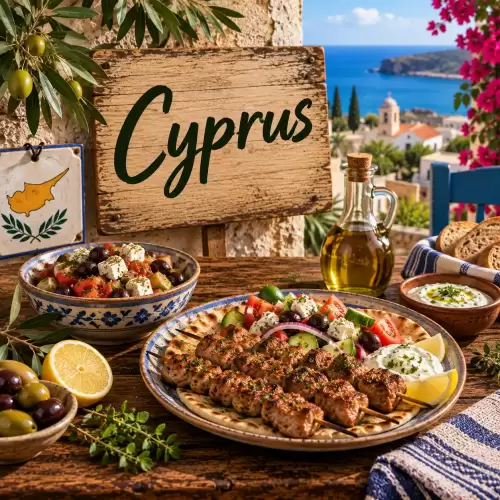 Cypriotische recepten met souvlaki, salade, olijven, brood, yoghurt, citroen en mediterrane kruiden op een rustieke houten tafel