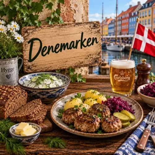 Deense recepten met frikadeller, aardappelen, rodekool, roggebrood, ingelegde groenten en andere traditionele gerechten op een rustieke houten tafel