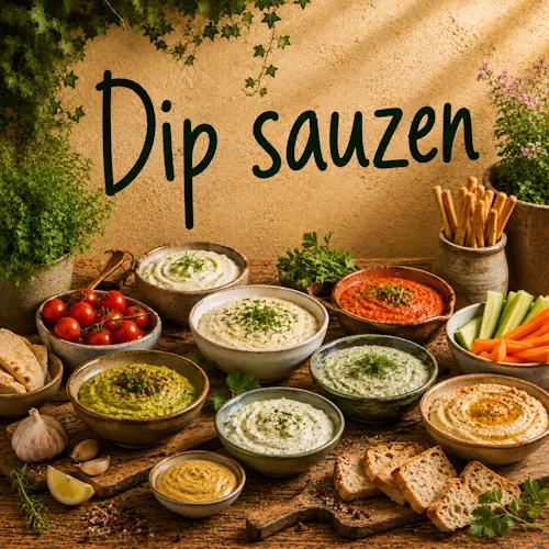 Verschillende dip sauzen zoals hummus, guacamole, kruidensaus en yoghurtdip met groenten en brood op een rustieke houten tafel