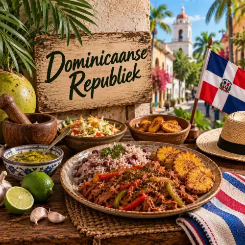 Dominicaanse recepten met rijst, bonen, gestoofd vlees, bakbananen, salade en tropische ingrediënten op een rustieke houten tafel