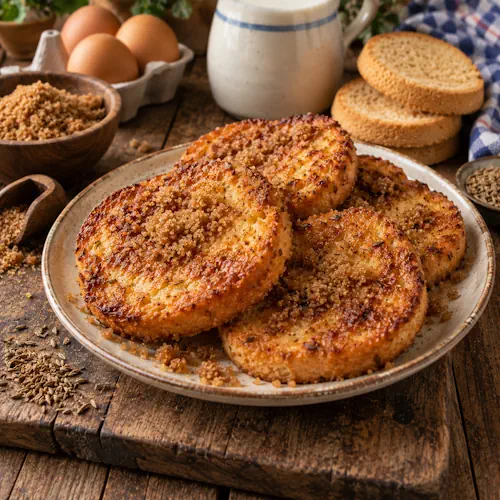 Goudbruin gebakken Drentse boerenwafels van beschuit met ei en melk, bestrooid met bruine basterdsuiker en anijszaad, geserveerd op een rustieke bruine houten tafel.