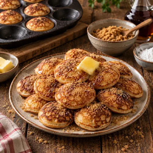 Goudbruin gebakken Drentse bolbuisjes van bloem en boekweitmeel, warm geserveerd met een klontje roomboter en bruine basterdsuiker op een rustieke houten tafel.