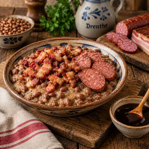 Traditionele Drentse bonenbrij van bruine bonen en karnemelk met rookspek, boerenmetworst en stroop