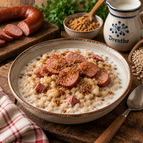Traditionele Drentse gortpap met warme melk, plakjes rookworst en bruine basterdsuiker