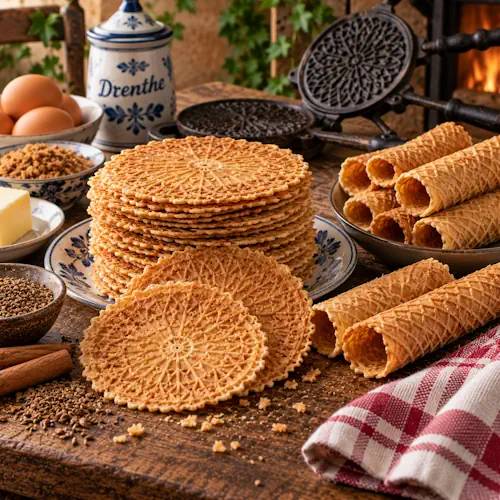 Traditionele Drentse knieperties als dunne krokante wafeltjes met bruine basterdsuiker