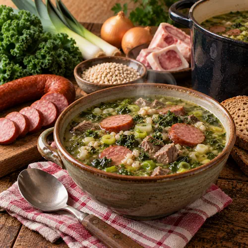 Traditionele Drentse Körtmoes met boerenkool, gort, rundvlees, prei en plakjes rookworst