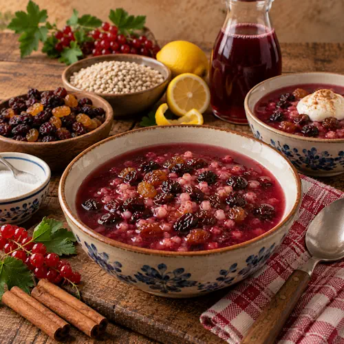 Traditionele Drentse krentjebrij met gort, rood bessensap, krenten, rozijnen en citroen