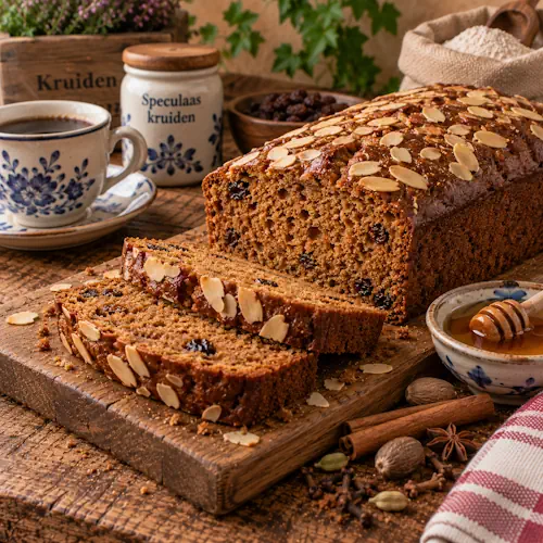 Drentse kruudkoek met speculaaskruiden, honing, rozijnen en amandelschaafsel, geserveerd op een rustieke houten tafel met traditionele kruiden en koffie.