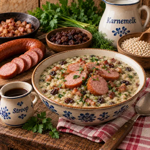 Drentse Kruudmoes met gort, karnemelk, gerookt spek, rookworst, rozijnen en verse kruiden, traditioneel geserveerd met stroop op een rustieke houten tafel.