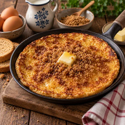 Drentse zoete eierpannenkoek van ei, melk en beschuit met roomboter en bruine basterdsuiker