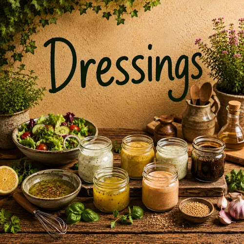 Verschillende zelfgemaakte dressings met kruiden, mosterd, citroen en olie naast een verse salade op een rustieke houten tafel