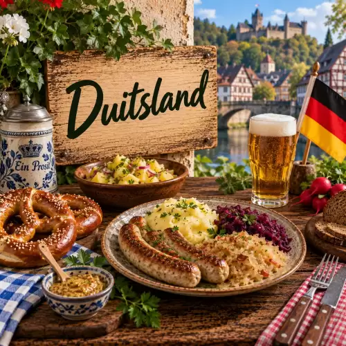 Duitse recepten met braadworst, aardappelen, zuurkool, rodekool, pretzels en mosterd op een rustieke houten tafel