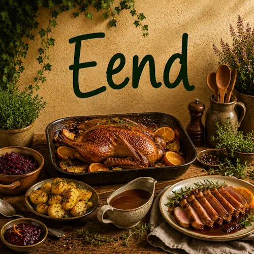 Gerechten met eend zoals gebraden eend en eendenborst met aardappelen, rode kool, sinaasappel en saus op een rustieke houten tafel