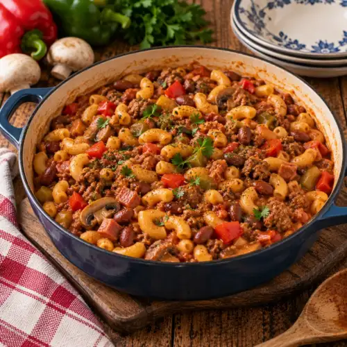 Eenpansgerecht met gehakt, corned beef, macaroni, bruine bonen, paprika en champignons in tomatensaus
