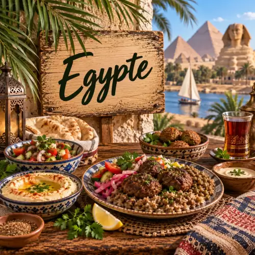 Egyptische recepten met kofta, falafel, hummus, platbrood, salade, peulvruchten en traditionele kruiden op een rustieke houten tafel