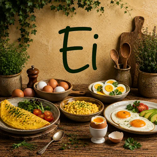 Verschillende gerechten met ei zoals omelet, roerei, gekookte eieren en spiegeleieren met groenten en verse kruiden op een rustieke houten tafel