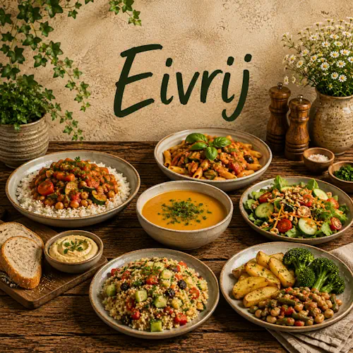 Eivrije recepten met pasta, rijst, groenten, salade, soep, aardappelen en andere hartige gerechten op een rustieke houten tafel