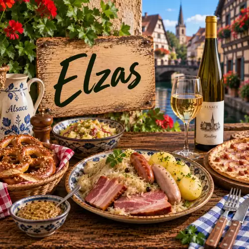 Elzasser recepten met choucroute, worst, aardappelen, flammkuchen, pretzels en mosterd op een rustieke houten tafel