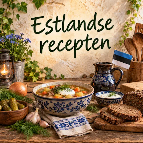 Estlandse gerechten met stevige soep, aardappelen, groenten, donker roggebrood, augurken, zure room, dille en traditionele ingrediënten op een rustieke houten tafel
