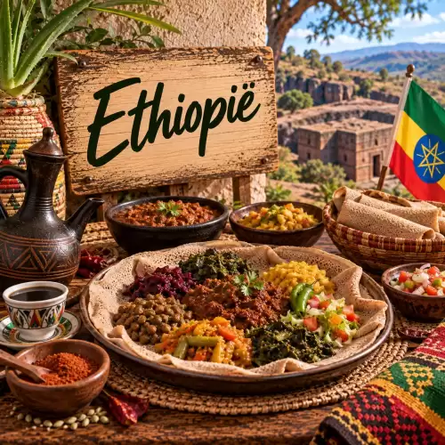 Ethiopische recepten met injera, kruidige stoofgerechten, linzen, groenten, vlees en traditionele specerijen op een rustieke houten tafel