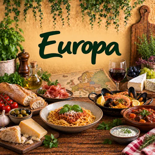 Verschillende Europese gerechten met pasta, zeevruchten, stoofpot, brood, kaas, vleeswaren, olijven en verse kruiden op een rustieke houten tafel