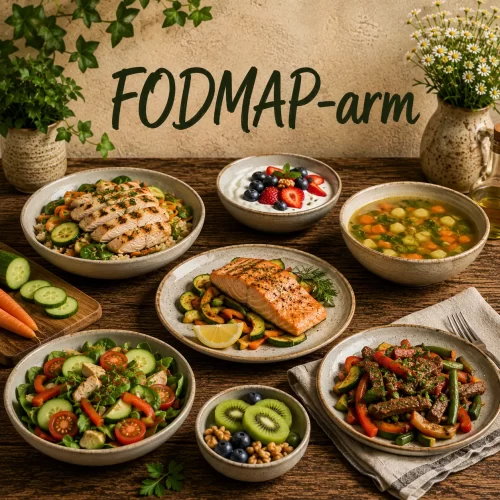 FODMAP-arme recepten met gegrilde kip, zalm, rijst, verse groenten, salade, soep, yoghurt en fruit op een rustieke houten tafel