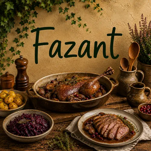 Gerechten met fazant zoals gebraden fazant en fazantenborst met rode kool, aardappelen, paddenstoelen, bessen en saus op een rustieke houten tafel
