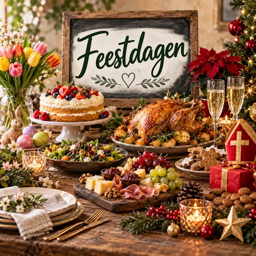 Feestdagen recepten maken bijzondere dagen nóg lekkerder. Van een uitgebreid ontbijt en feestelijke brunch tot borrelhapjes, een compleet diner, taart en desserts: iedere feestdag heeft zijn eigen gerechten en tradities. Op Smaakplein vind je inspiratie voor onder andere Kerstmis, Oud en Nieuw en andere momenten waarop samen eten centraal staat. Feestdagen vallen verspreid over het hele jaar en vragen daardoor steeds om andere smaken. In het voorjaar passen frisse en kleurrijke gerechten, terwijl tijdens winterse feestdagen warme soepen, stoofgerechten, gebak en uitgebreide diners populair zijn. Gebruik deze pagina als startpunt en ontdek via onze gelegenheden, jaargetijden en landen nog veel meer passende recepten.