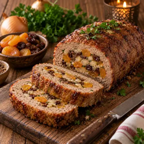 Feestelijk gehaktbrood van rund- en varkensgehakt gevuld met abrikozen, rozijnen en kruiden