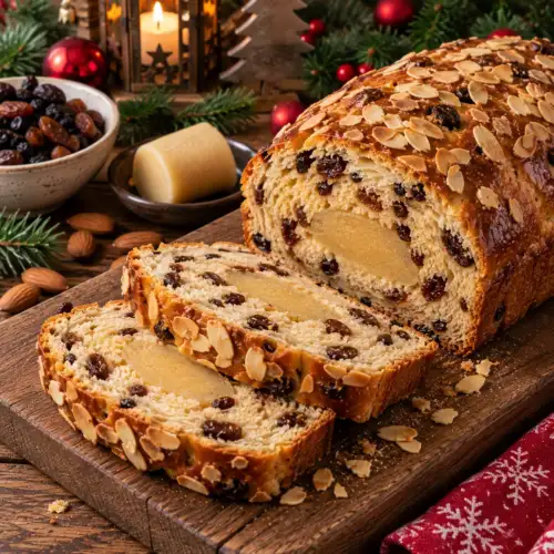 Feestelijk kerstbrood met rozijnen, krenten, amandelspijs en geschaafde amandelen