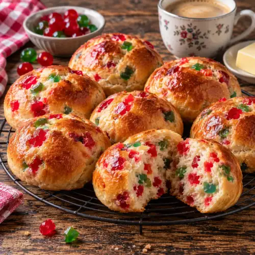 Feestelijke zachte bigarreauxbroodjes met kleurrijke stukjes gekonfijte kers