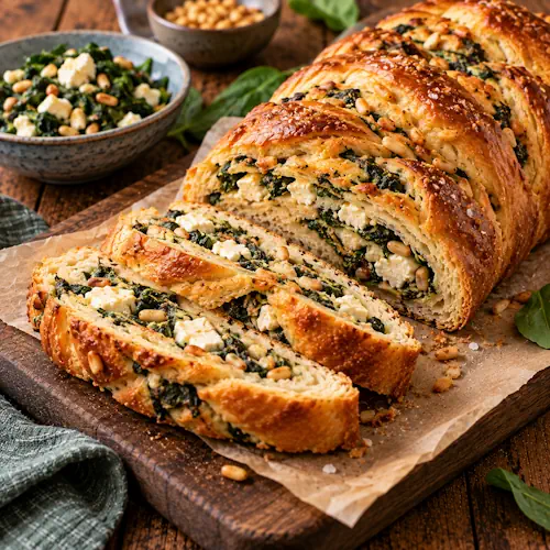 Feta-spinazievlecht met een goudbruin gebakken korst, gevuld met verse spinazie, feta en geroosterde pijnboompitten.