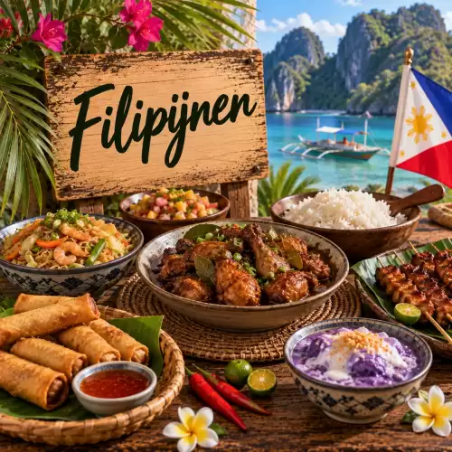 Filipijnse recepten met adobo, rijst, pancit, lumpia, gegrild vlees en tropische ingrediënten op een rustieke houten tafel