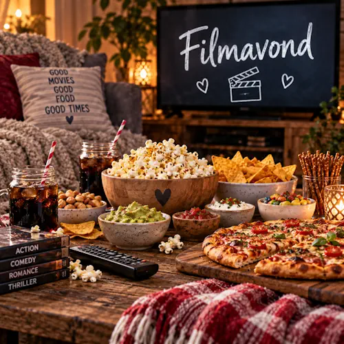 Gezellige filmavond met popcorn, pizza, nacho's, dips, nootjes, snoep, zoute snacks en koude drankjes op een rustieke houten tafel voor de televisie